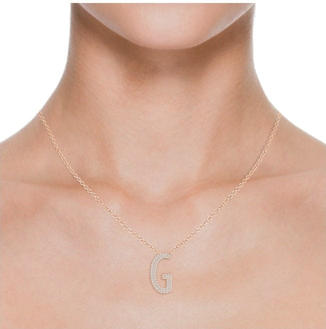 Double Row letter G lab grown diamond initial pendant in rose gold