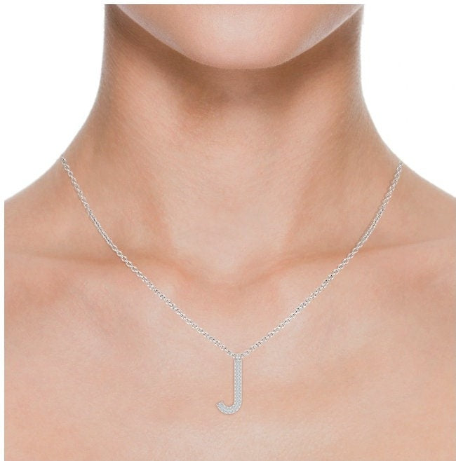 Double Row letter J lab grown diamond initial pendant in white gold