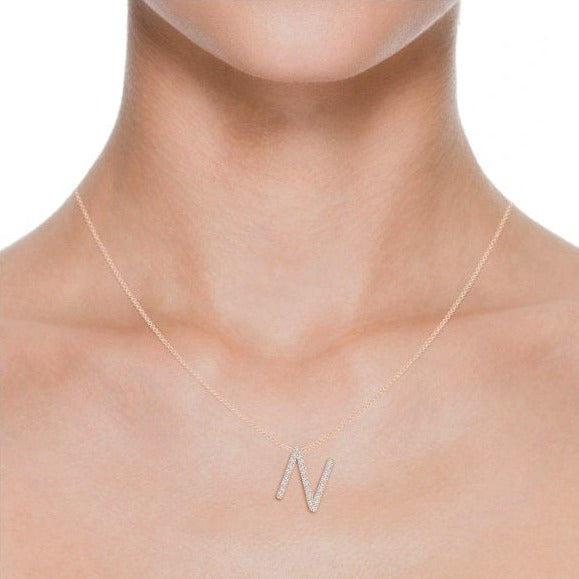 Dainty letter N lab grown diamond initial pendant in rose gold