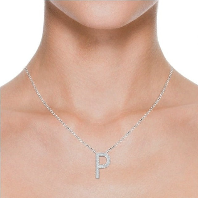 Double Row letter P lab grown diamond initial pendant in white gold