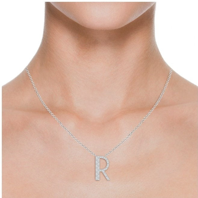 Pavé letter R lab grown diamond initial pendant in white gold