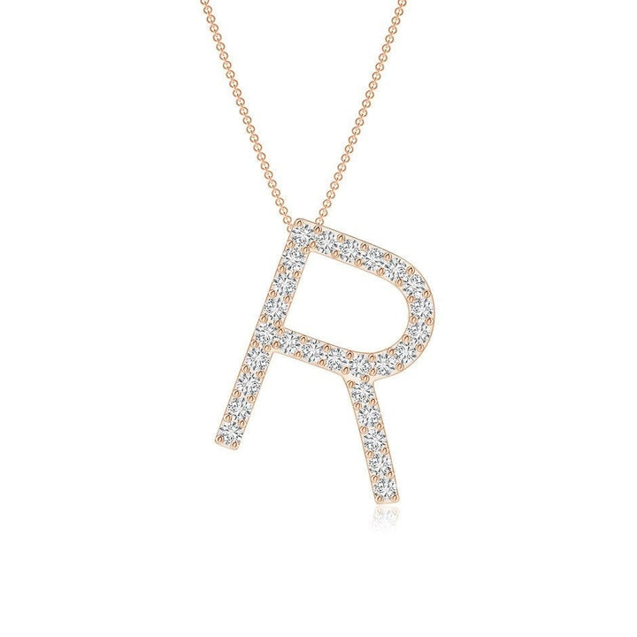 Dainty letter R lab grown diamond initial pendant in rose gold