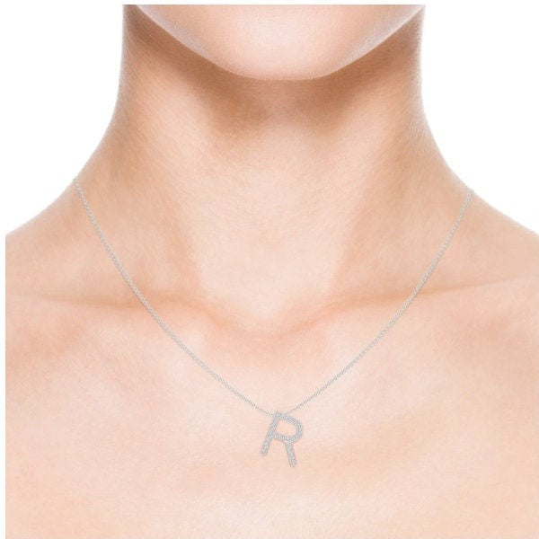 Dainty letter R lab grown diamond initial pendant in white gold