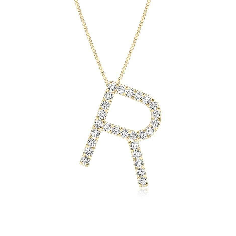Dainty letter R lab grown diamond initial pendant in yellow gold