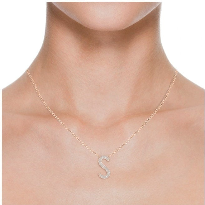 Double Row letter S lab grown diamond initial pendant in rose gold