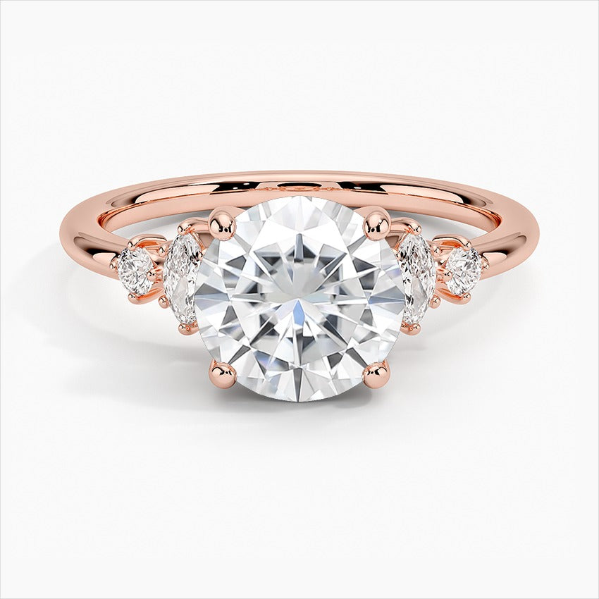 Moonbeam Round Cut Cluster Three Stone Moissanite Engagment Ring Rose Gold