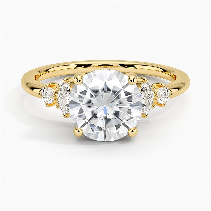 Moonbeam Round Cut Cluster Three Stone Moissanite Engagment Ring Yellow Gold