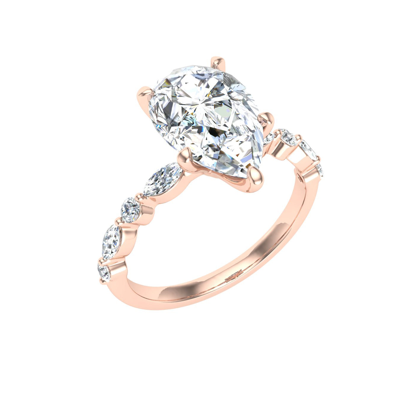 Moondrop Pear Cut Side Stones Moissanite Engagement Ring Rose Gold