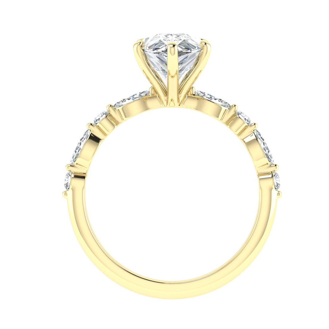 Moondrop Pear Cut Side Stones Moissanite Engagement Ring Yellow Gold