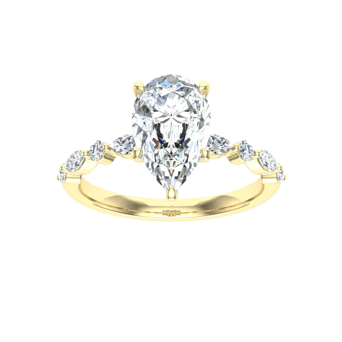 Moondrop Pear Cut Side Stones Moissanite Engagement Ring Yellow Gold