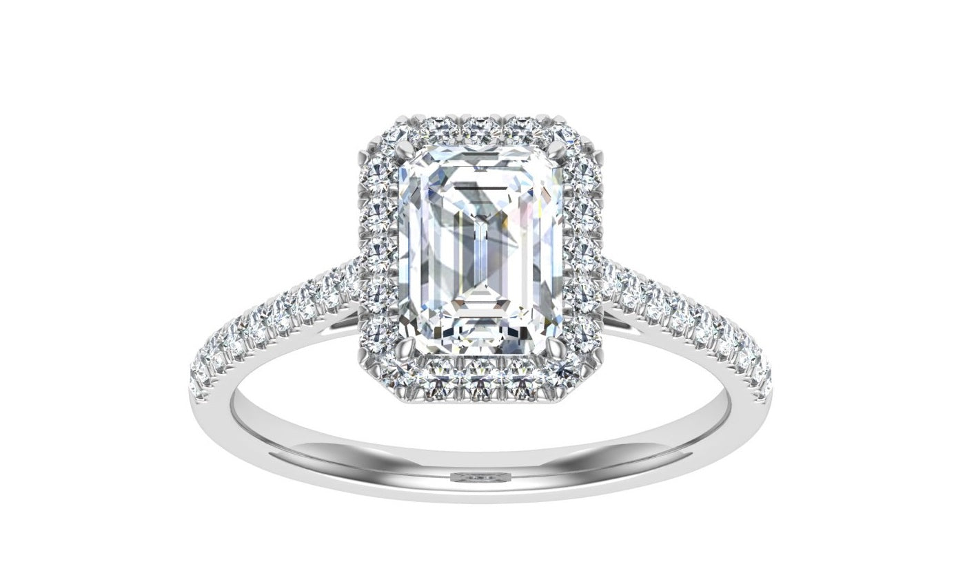 Moonlit Emerald Cut Halo Moissanite Engagement Ring White Gold