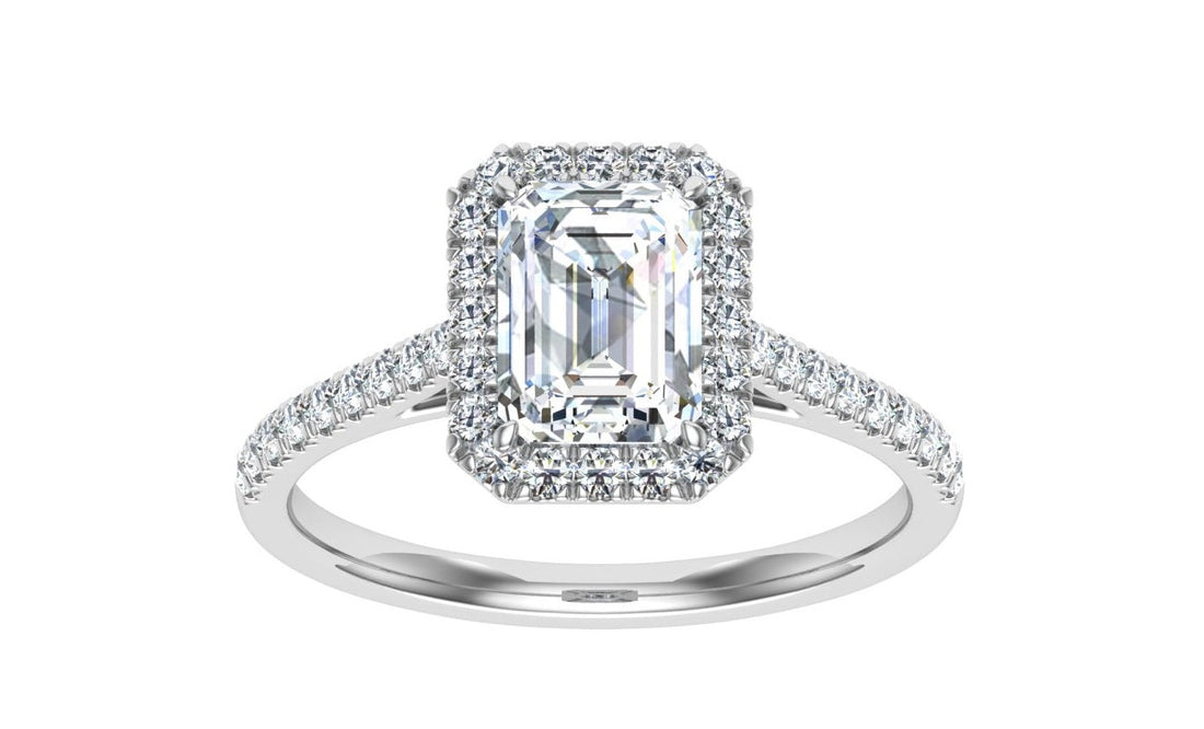 Moonlit Emerald Cut Halo Moissanite Engagement Ring White Gold