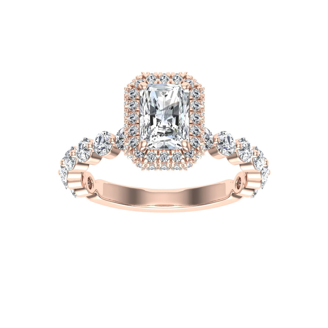 Moonlit Radiant Cut Double Edge Halo Moissanite Engagement Ring Rose Gold