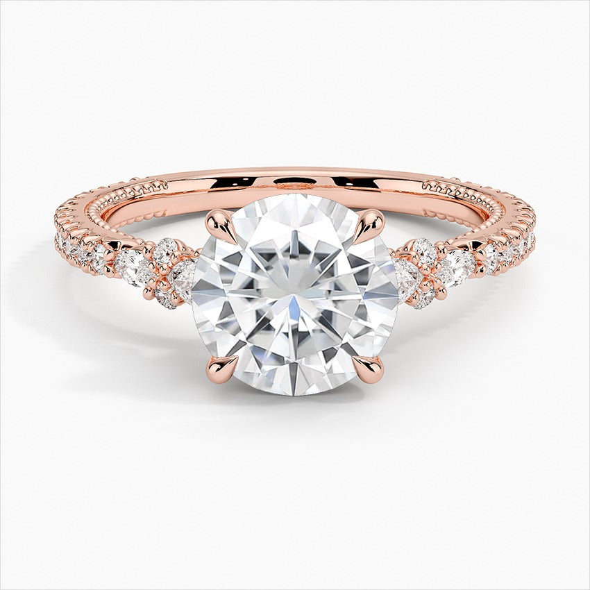 Moonstone Round Side Stones Moissanite Engagement Ring Rose Gold