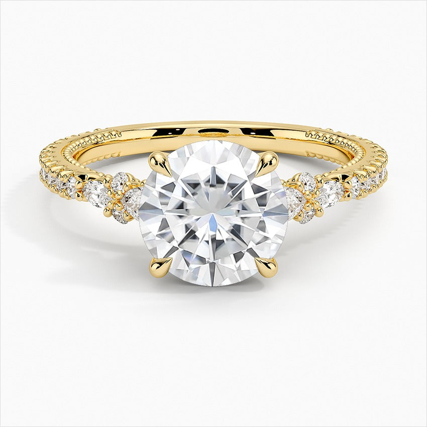 Moonstone Round Side Stones Moissanite Engagement Ring Yellow Gold