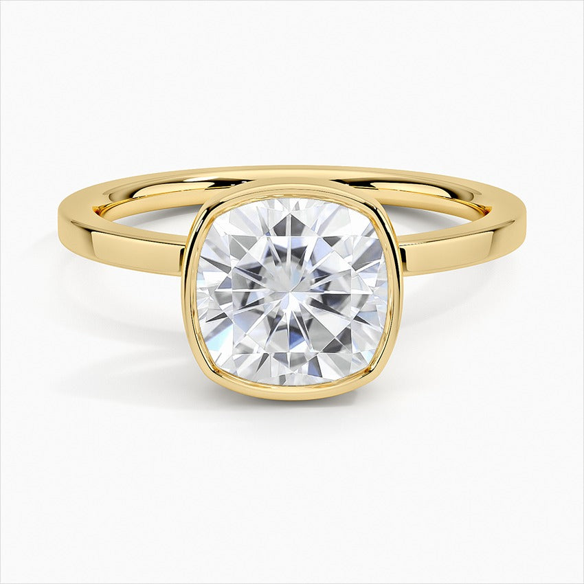 Mystique Cushion Bezel Moissanite Engagement Ring Yellow Gold