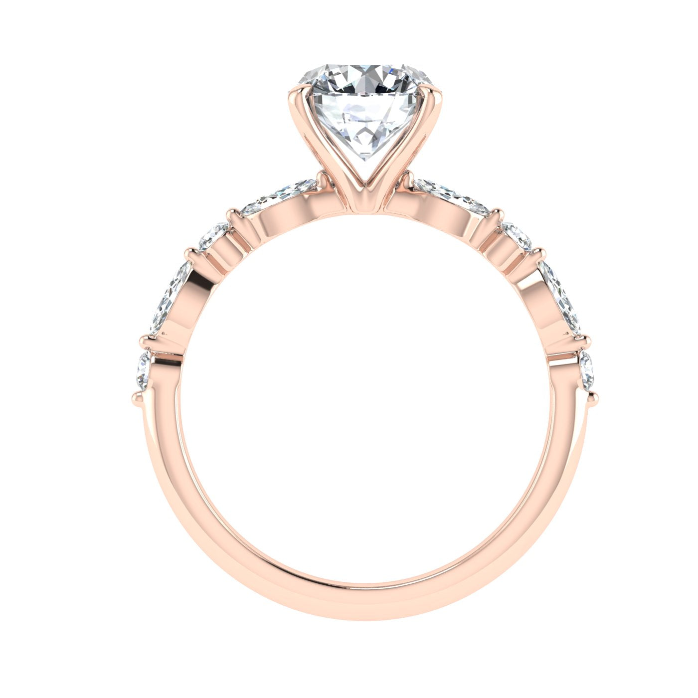Oceana Round Cut Side Stones Moissanite Engagement Ring Rose Gold