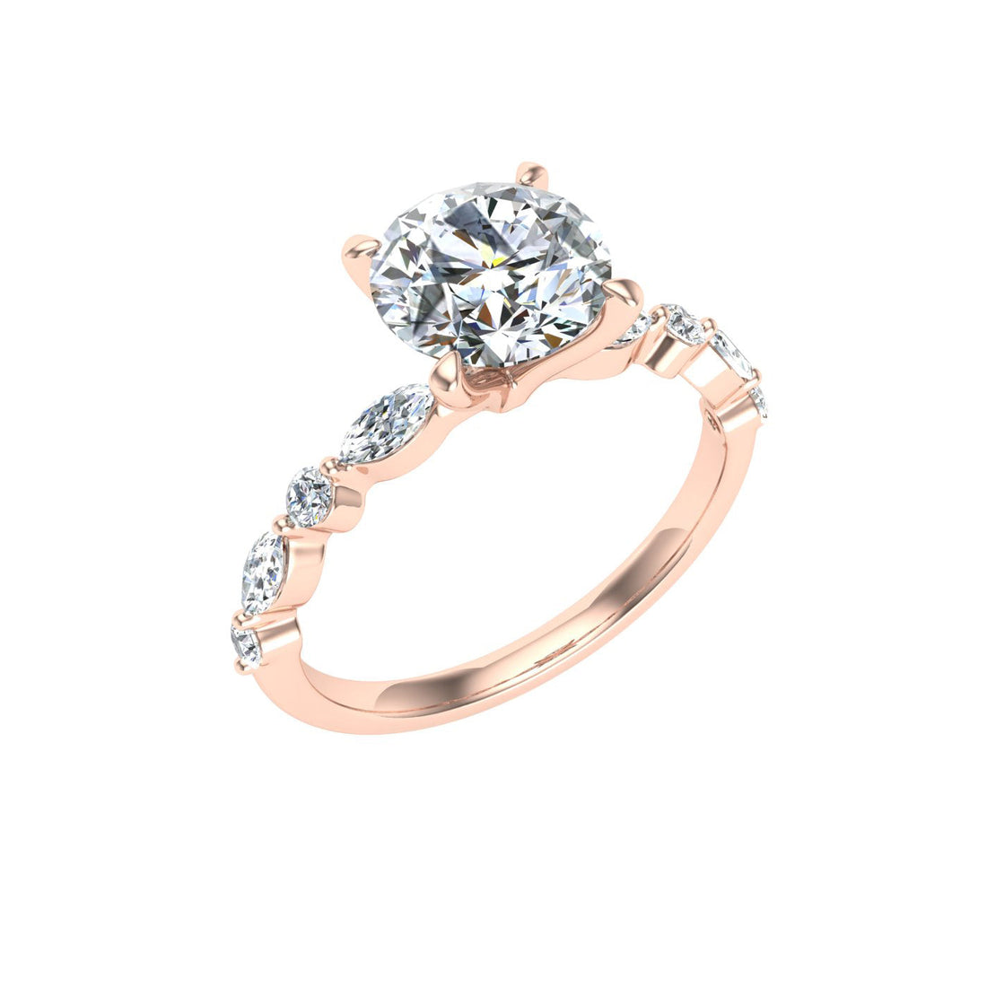 Oceana Round Cut Side Stones Moissanite Engagement Ring Rose Gold