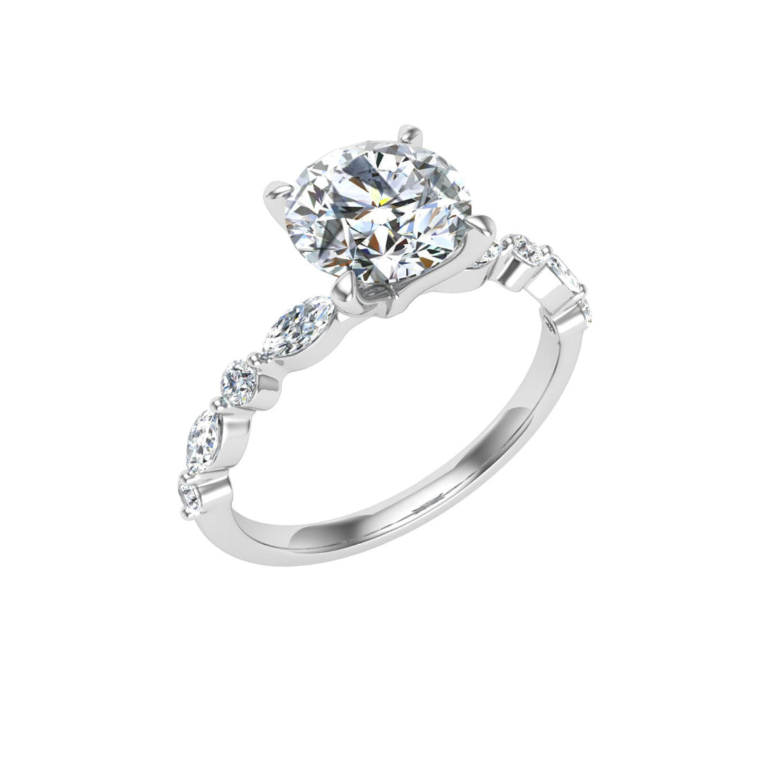 Oceana Round Cut Side Stones Moissanite Engagement Ring White Gold