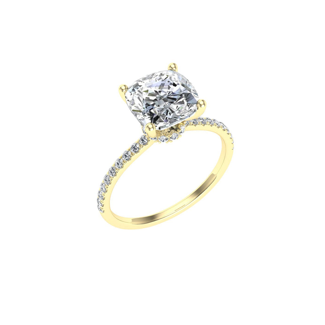 Odyssey Cushion Cut Hidden Halo Moissanite Engagement Ring Yellow Gold