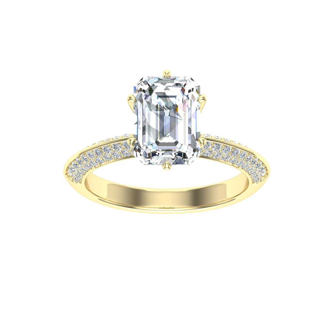 Odyssey Emerald Cut Knife Edge Band Moissanite Engagement Ring Yellow Gold