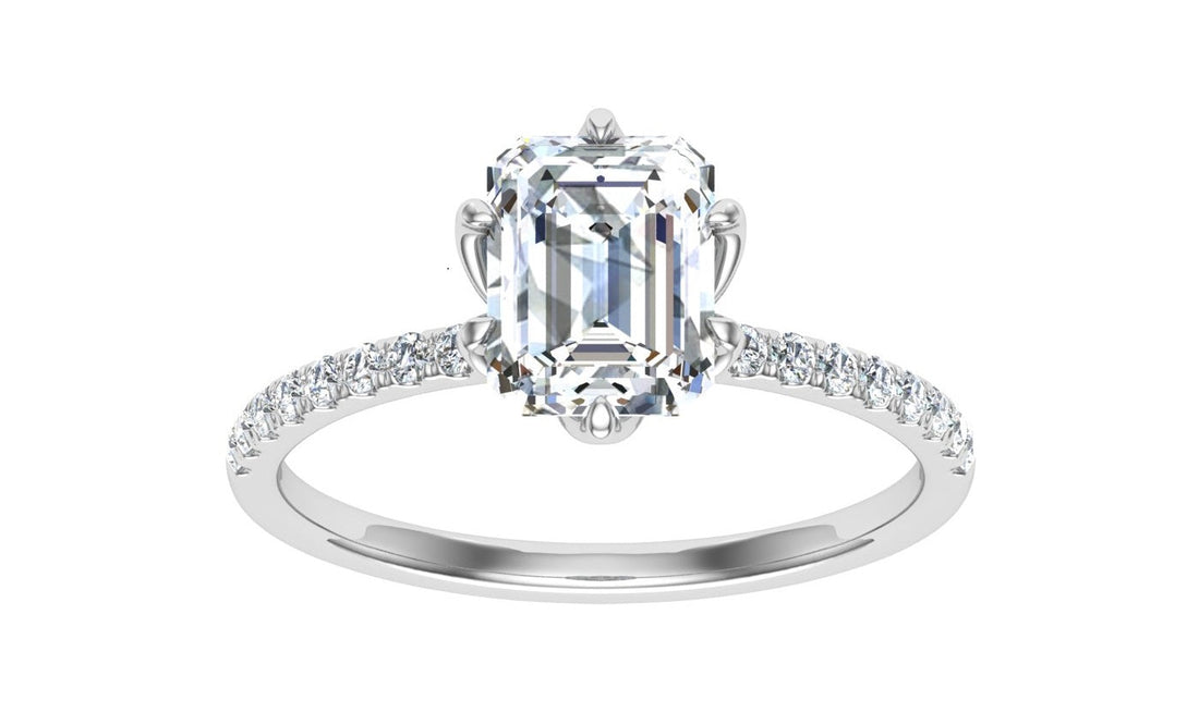 Opalescent Emerald Cut Scalloped Moissanite Engagement Ring White Gold