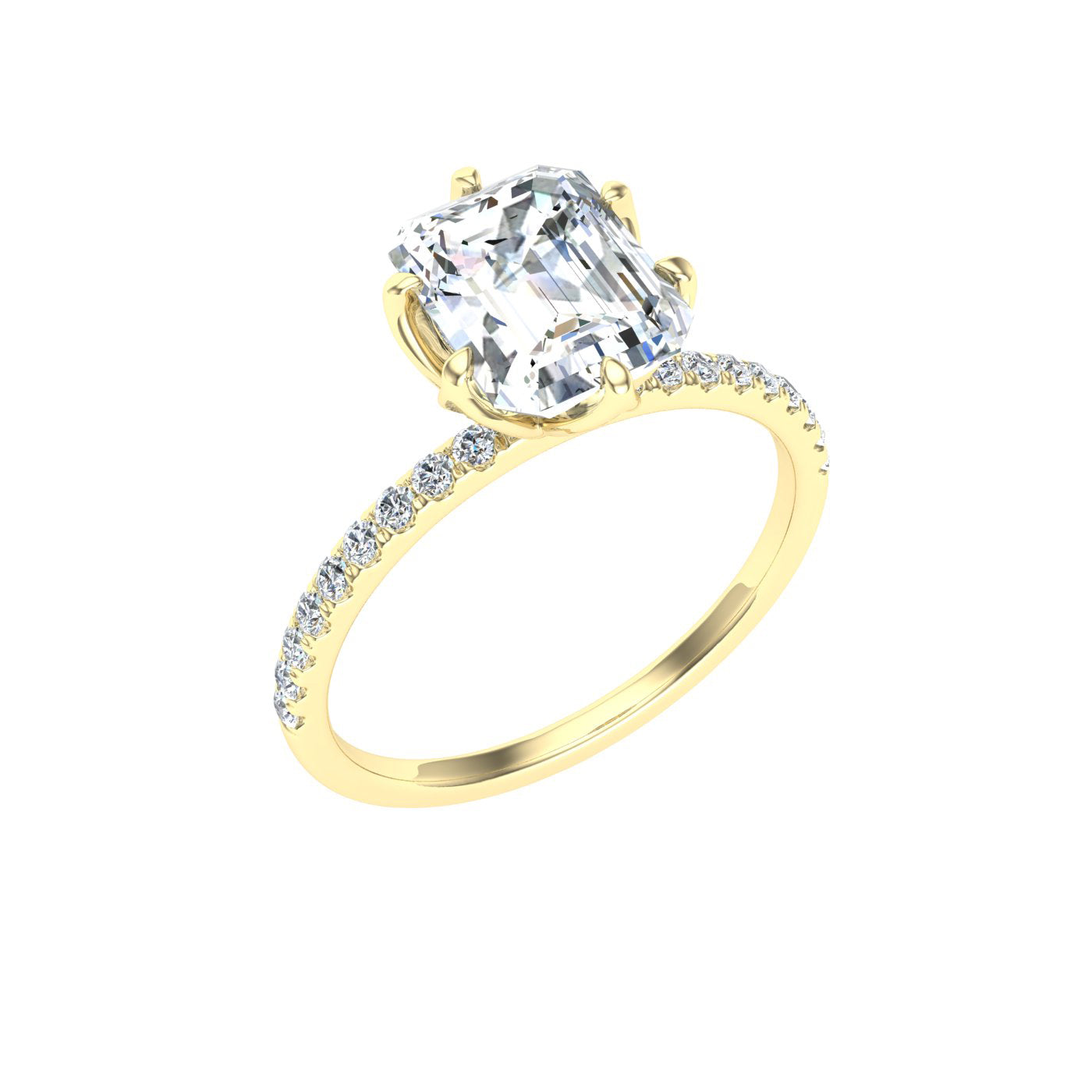 Opalescent Emerald Cut Scalloped Moissanite Engagement Ring Yellow Gold