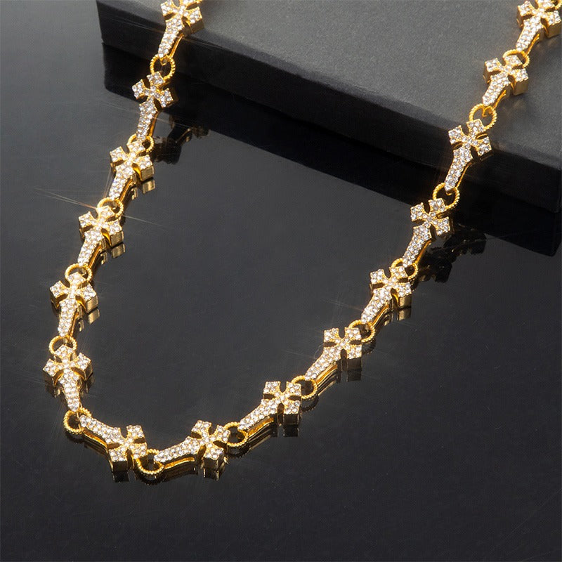 Opaline 11mm 20'' Moissanite Micro Pave Cross Link Chain Yellow Gold