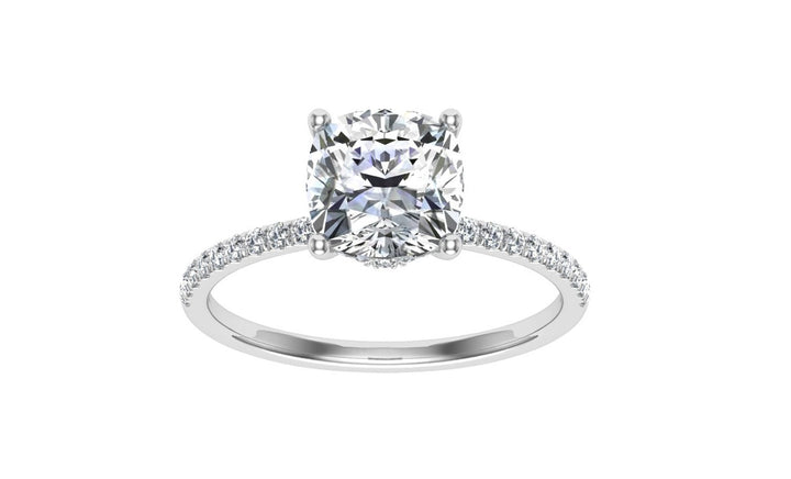 Oppenheimer Cushion Cut Hidden Halo Moissanite Engagement Ring White Gold