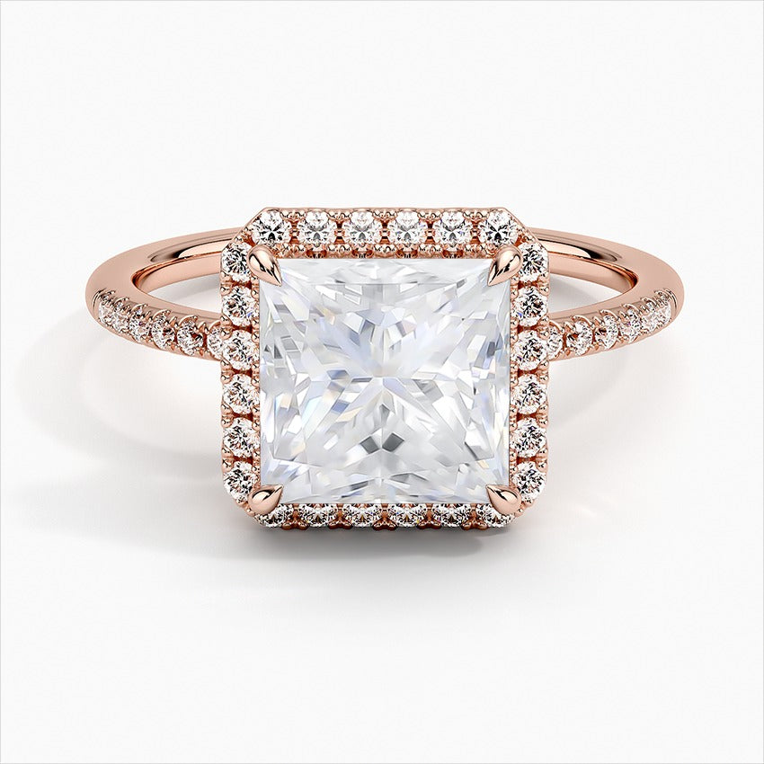 Opulence Princess Cut Halo Moissanite Engagement Ring Rose Gold