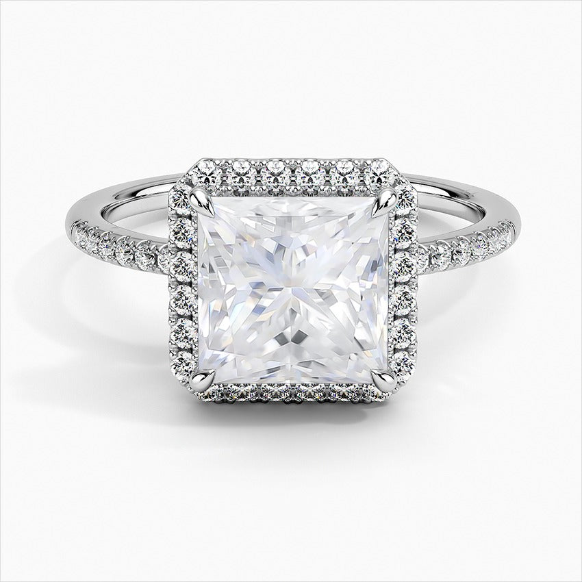 Opulence Princess Cut Halo Moissanite Engagement Ring White Gold