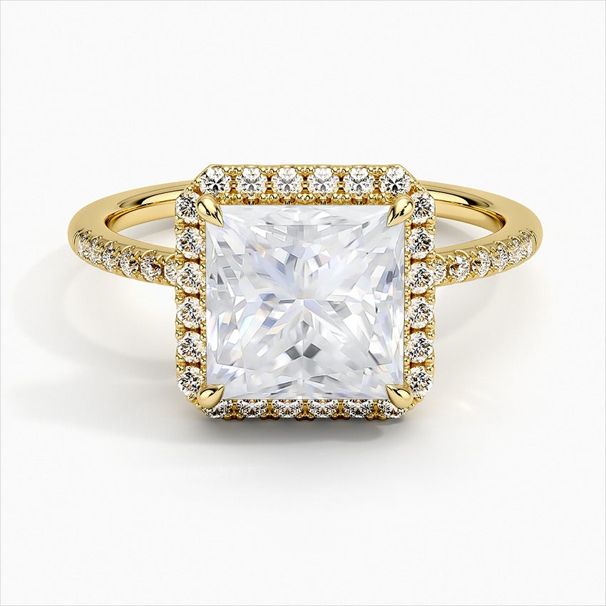 Opulence Princess Cut Halo Moissanite Engagement Ring Yellow Gold