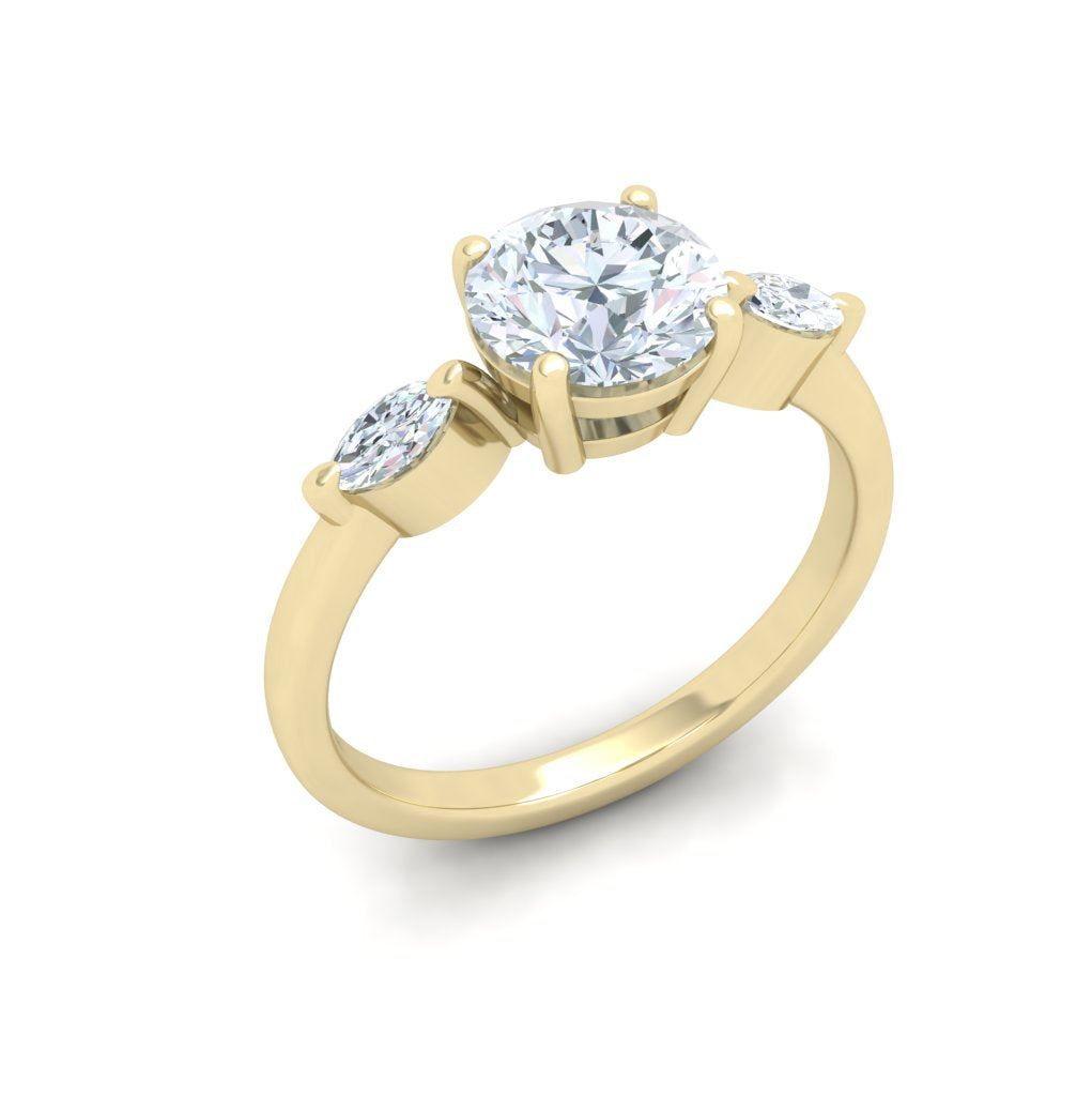 Opulent Round 3 Stone Moissanite Engagement Ring Yellow Gold