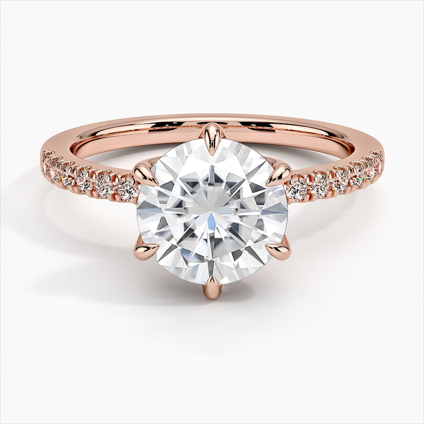 Orbit Six Prong Round Side Stones Moissanite Engagement Ring Rose Gold