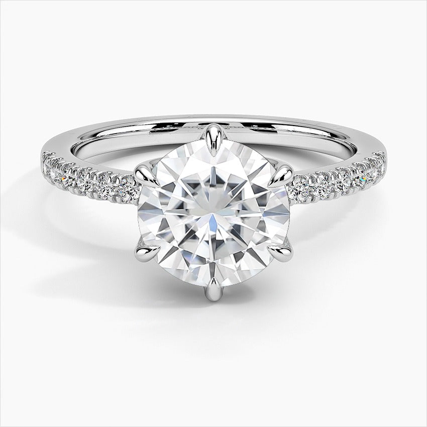 Orbit Six Prong Round Side Stones Moissanite Engagement Ring White Gold