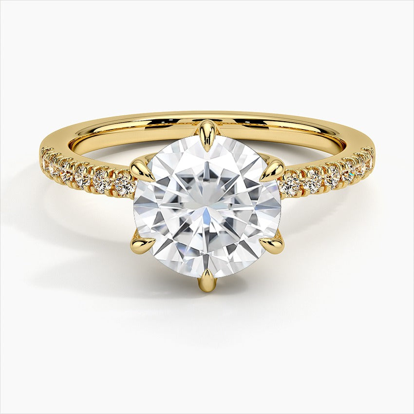 Orbit Six Prong Round Side Stones Moissanite Engagement Ring Yellow Gold