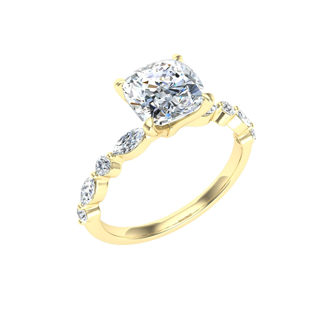 Orlov Cushion Cut Side Stones Moissanite Engagement Ring Yellow Gold