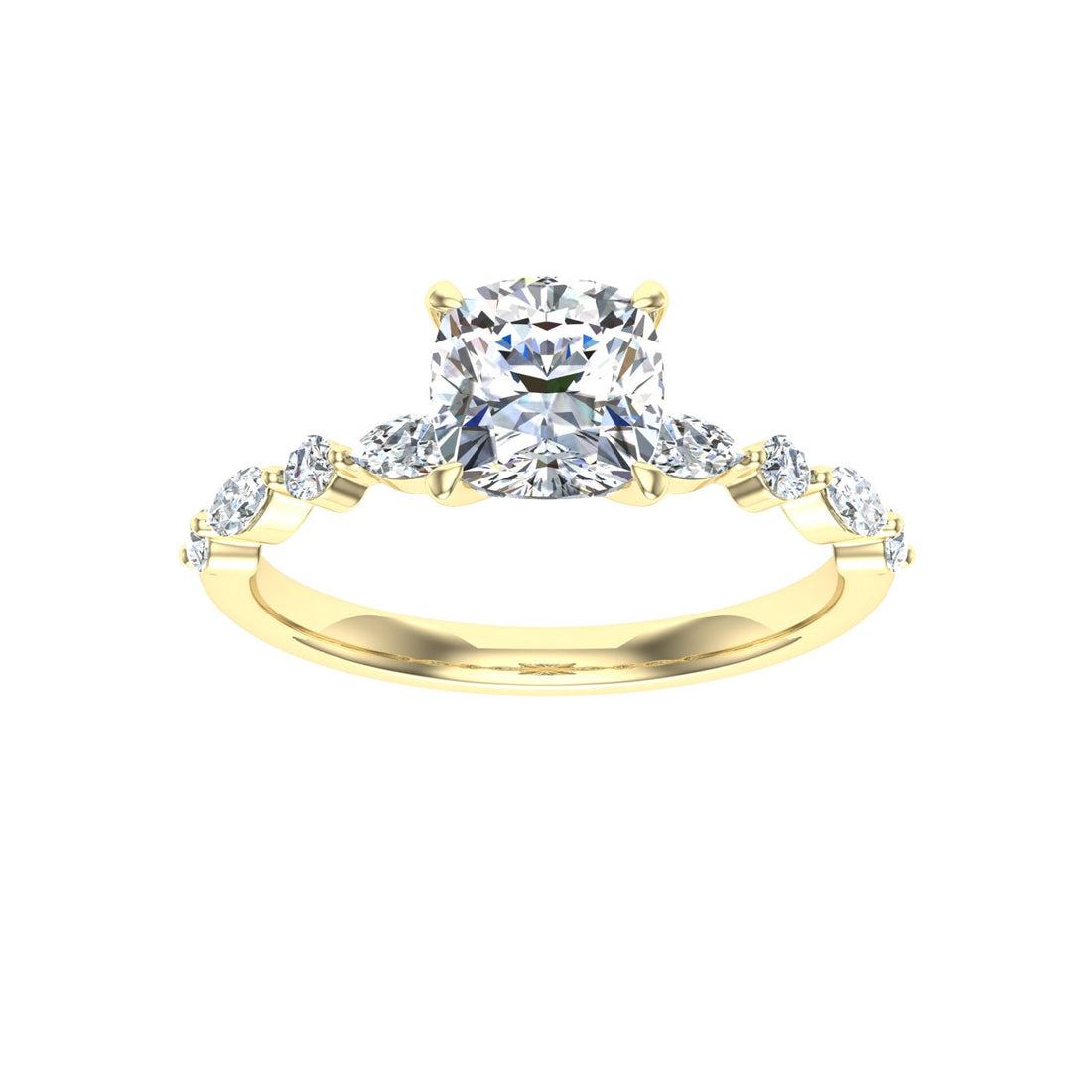 Orlov Cushion Cut Side Stones Moissanite Engagement Ring Yellow Gold