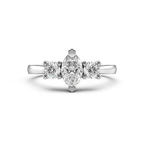 Oromise4 Prong Marquise Lab Grown Diamond With Round On Side Three Stone Engagement Ring