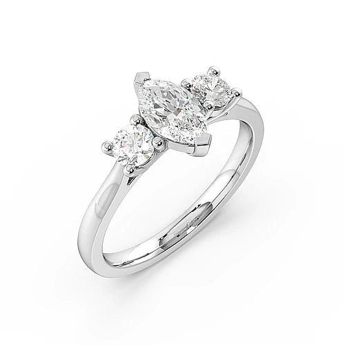 Oromise4 Prong Marquise Lab Grown Diamond With Round On Side Three Stone Engagement Ring