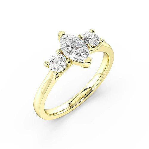 Oromise 4 Prong Marquise Lab Grown Diamond With Round On Side Three Stone Engagement Ring
