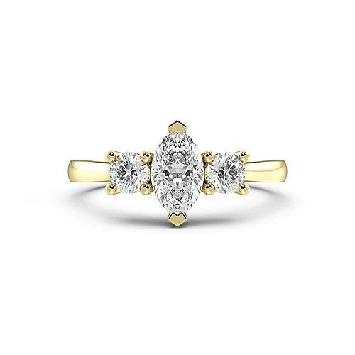 Oromise 4 Prong Marquise Lab Grown Diamond With Round On Side Three Stone Engagement Ring