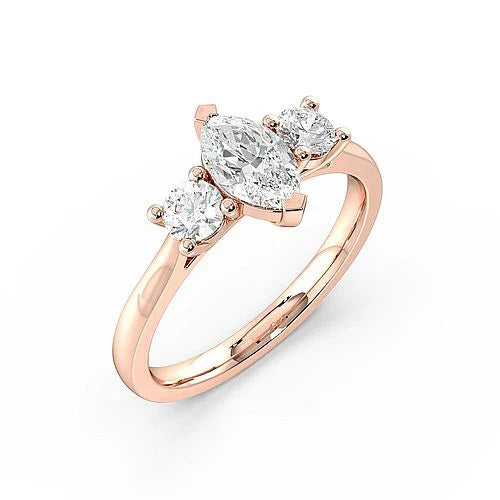Oromise 4 Prong Marquise Lab Grown Diamond With Round On Side Three Stone Engagement Ring
