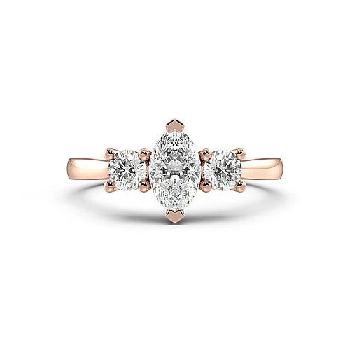 Oromise 4 Prong Marquise Lab Grown Diamond With Round On Side Three Stone Engagement Ring