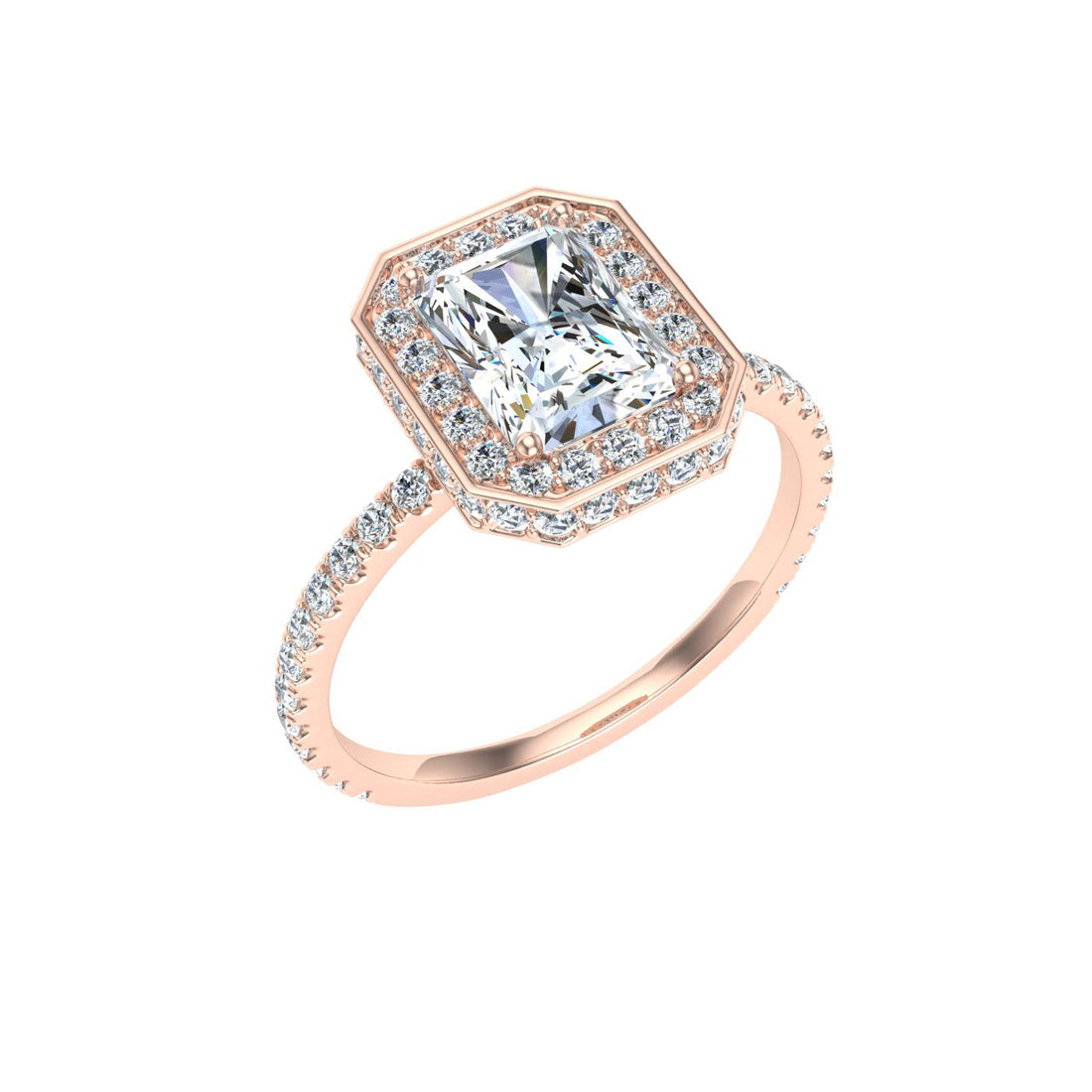 Passion Radiant Cut Double Edge Halo Moissanite Engagement Ring Rose Gold