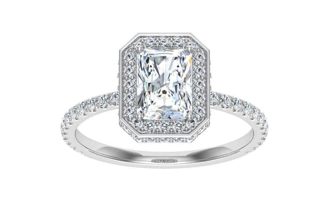 Passion Radiant Cut Double Edge Halo Moissanite Engagement Ring White Gold