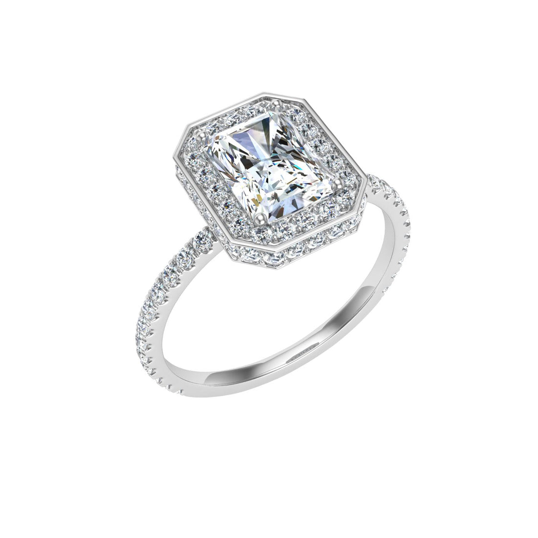 Passion Radiant Cut Double Edge Halo Moissanite Engagement Ring White Gold