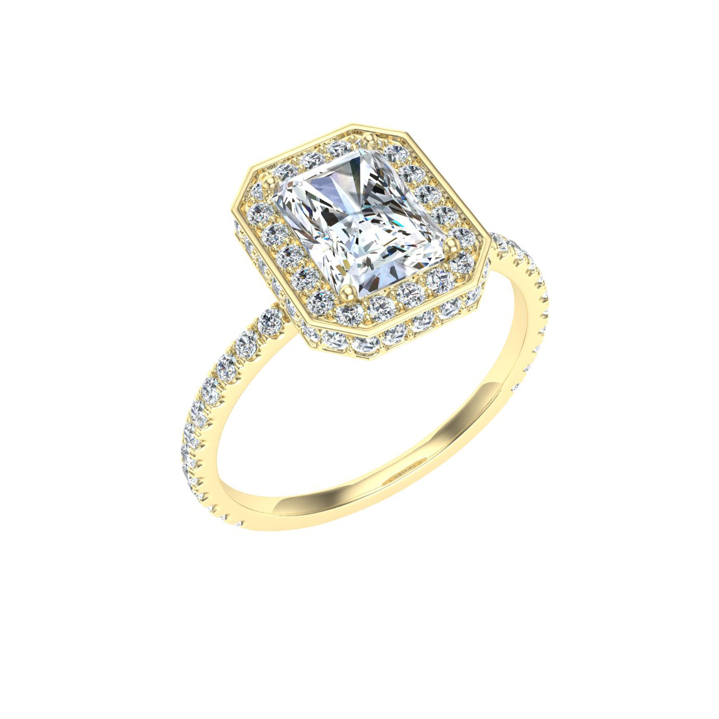 Passion Radiant Cut Double Edge Halo Moissanite Engagement Ring Yellow Gold