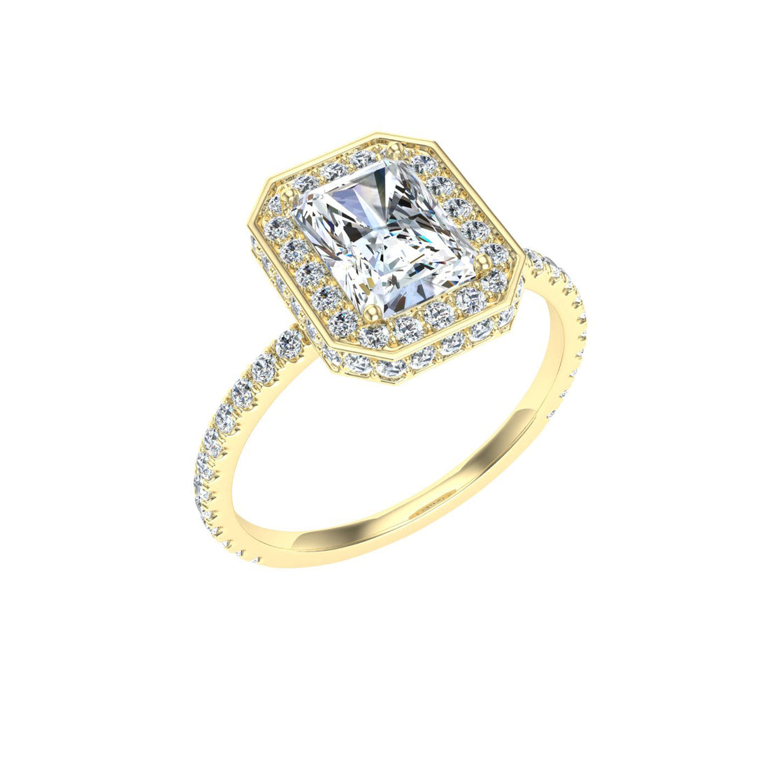 Passion Radiant Cut Double Edge Halo Moissanite Engagement Ring Yellow Gold