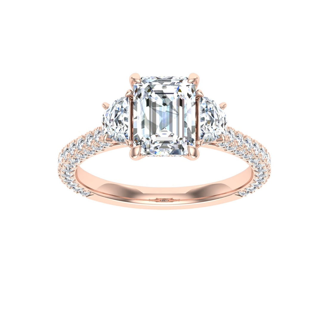 Perfection Emerald 3 Stone Moissanite Engagement Ring Rose Gold